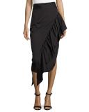 Cascading Ruffle Stretch-Poplin Midi Skirt, Black