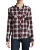 Lilya Long-Sleeve Button-Front Plaid Top, Deep Garnet