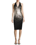 Ombre Foil Halter Cocktail Dress, Silver/Black