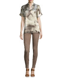 Josie Short-Sleeve Abstract-Print Silk Blouse, Ecru Multi