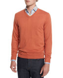 Cashmere-Silk V-Neck Sweater, Pumpkin
