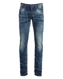 Demon Paint-Splatter Faded Denim Jeans, Medium Blue