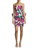 Strapless Floral-Print Dress w/Oversized Bow, Fucshia 