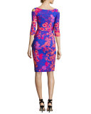 Stefania Floral Cold-Shoulder Cocktail Dress, Fuchsia/Blue