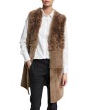 Mixed-Shearling Fur Long Vest, Bark