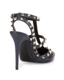 Pebbled Leather Rockstud Sandal, Deep Denim