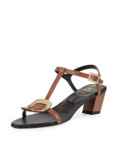 Chips Leather T-Strap Sandal, Cognac Scuro