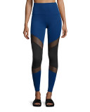 Deco Mirror Paneled High-Waist Long Leggings, Black/Cobalt