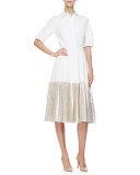 Half-Sleeve Two-Tone Midi Shirtdress, Champagne