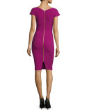 Seamed Cap-Sleeve Sheath Dress, Claret