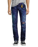 Bleached & Distressed Zipper Jeans, Dark Purple