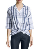 Analeigh Plaid Bracelet-Sleeve Blouse, Denim Blue Multi