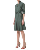 Long-Sleeve Mock-Neck A-Line Shirtdress, Algae