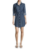 Striped Denim Belted Shirtdress, Indigo