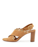 Eyelet-Studded Suede Sandal, Angora Beige