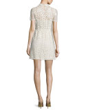 Short-Sleeve Collared Macrame A-Line Dress, Ecru