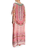 Round-Neck Printed Beaded Caftan Coverup, Belleza Flor