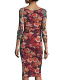 Rose-Print Faux-Wrap Sheath Dress