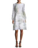 Bishop-Sleeve Printed Dress, Aqua