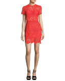 Mon Amour Short-Sleeve Fitted Lace Mini Dress, Red