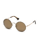 Round Monochromatic Metal Flash Sunglasses, Pale Gold/Havana