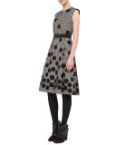 Belted Dotted Houndstooth Sleeveless Dress, Black/Cream