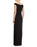 Classic Cady Beaded Boat-Neck Gown, Caviar