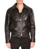 Zip-Front Leather Jacket W/Embroidered Back, Black