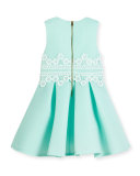 Sleeveless Pleated Lace-Trim Mesh Neoprene Dress, Aqua Blue, Size 4-10