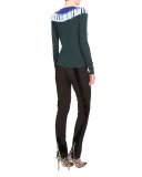 Ming Fringe-Bib Colorblock Sweater, Emerald