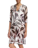 Embroidered-Front Printed Mid-Length Tunic Coverup