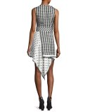 Mixed-Print Sleeveless Asymmetric-Hem Dress, Black/White
