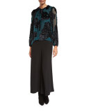 Tie-Neck Cut-Velvet Blouse, Teal