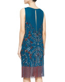 Sleeveless Embroidered Dress w/ Fringe Hem