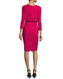 3/4-Sleeve Stretch Crepe Blouson Dress, Pink