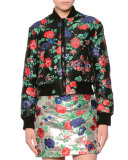 Cropped Floral Brocade Bomber Jacket, Red/Black