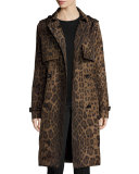 Double-Breasted Leopard-Print Midi Trenchcoat, Brown