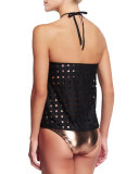 Square Up Cutout High-Neck Tankini Top & Metallic Bandeau