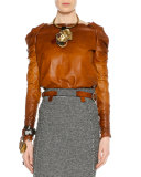 Shirred Long-Sleeve Degrade Leather Top, Cognac