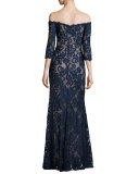 Off-the-Shoulder Beaded Floral Gown, Navy