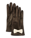 Leather Bow-Cuff Gloves, Black/White