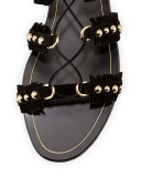 Tulum Fringed Suede Flat Sandal, Black