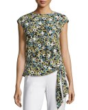 Seraphina Garden-Print Tie-Hem Silk Blouse, Multi