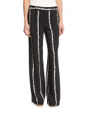 Striped Silk Wide-Leg Trousers, Black