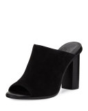 Clementine Suede Chunky-Heel Mule Sandal, Black
