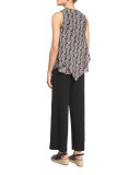 Sleeveless Floral Silk Lace-Up Top, Black/Multicolor