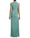 Cap-Sleeve Ruched Chiffon Gown, Navy