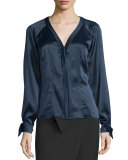 Long-Sleeve Charmeuse Blouse, Midnight