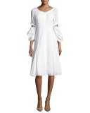 Eyelet V-Neck Full-Sleeve Dress, White