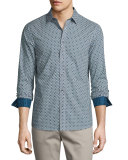 Kelvin Geo-Print Slim-Fit Sport Shirt, Pacific Blue
